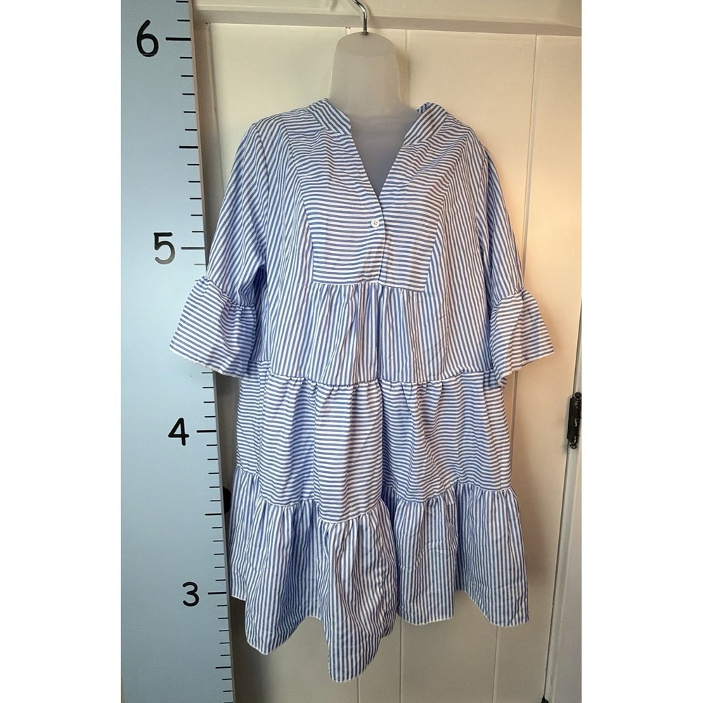 Shein Women Curve V-Neck Blue White Striped Tiered Short Dress 0XL‎ Cottagecore